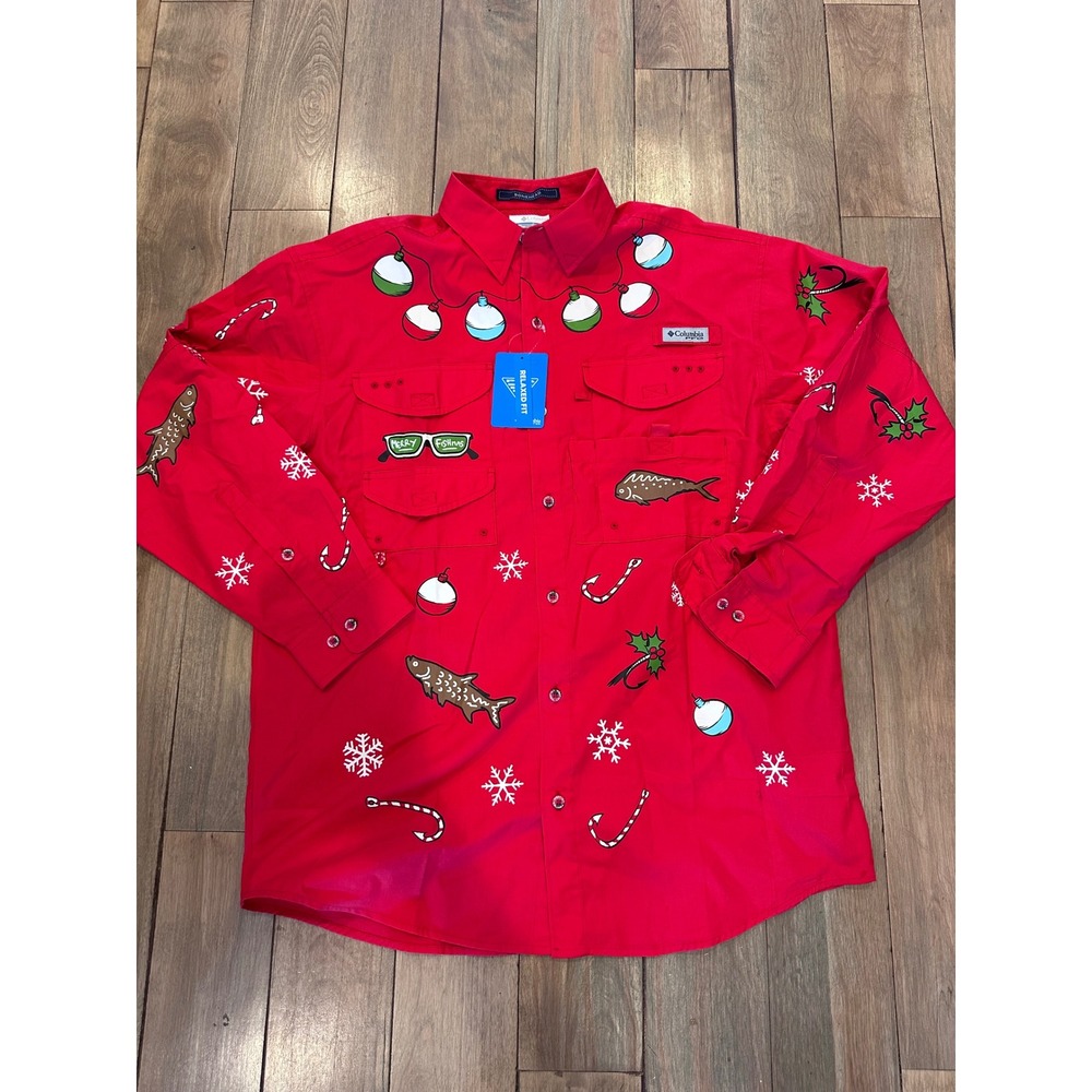 Columbia Bonehead Holiday Fishing Shirt Mens Medium Red Merry Fishmas PFG NWT